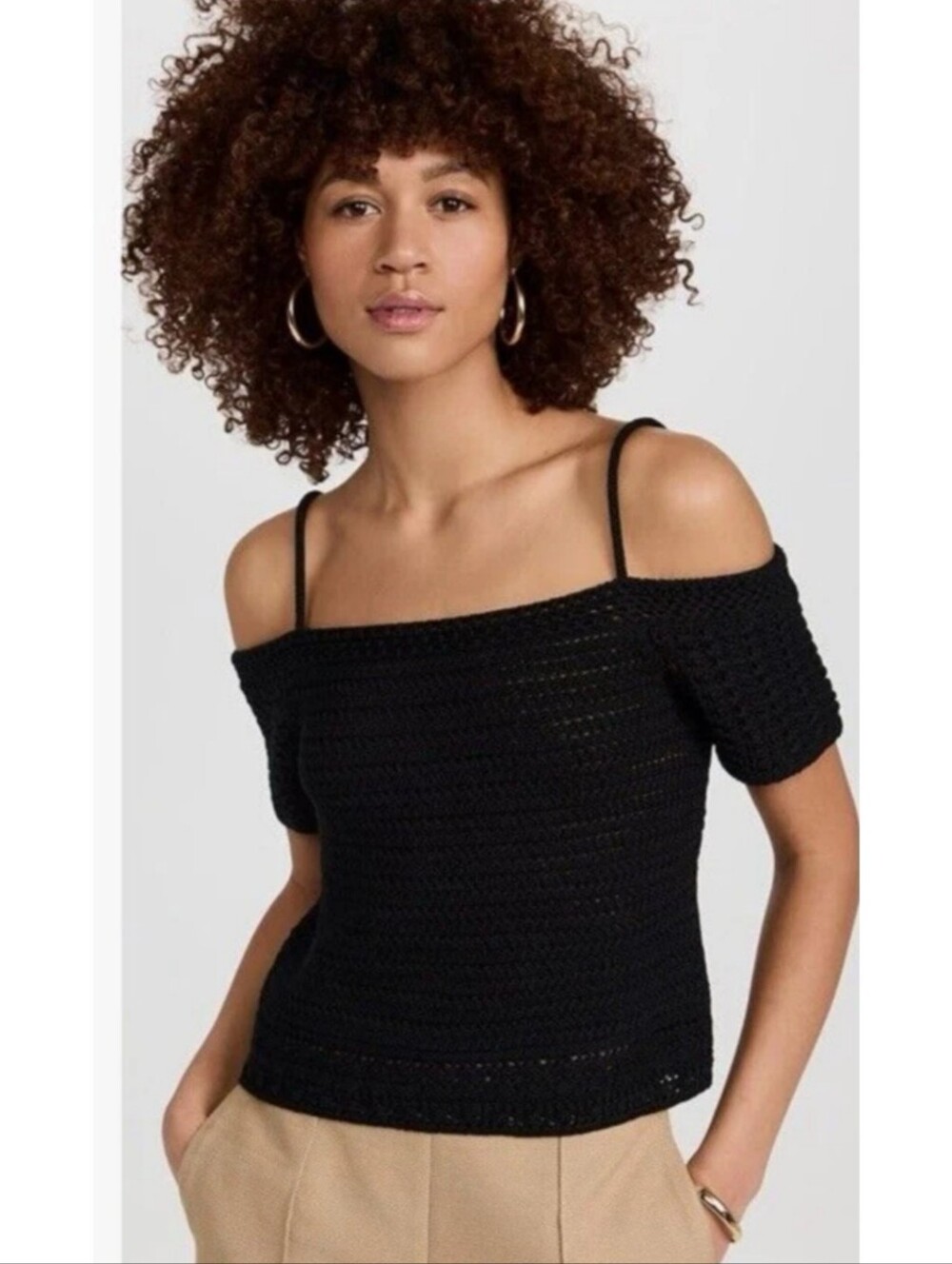 Vince Crochet Black Open Shoulder Short Sleeve Organic Cotton Top XS